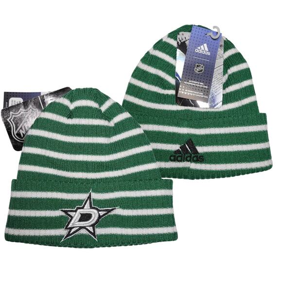 NWT Adidas Dallas‎ Stars Striped Knit NHL Cuff Beanie Green White Striped OSFA - Picture 1 of 9